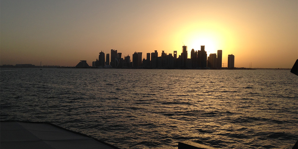 The View of Doha at sunset from the Dhow boat.